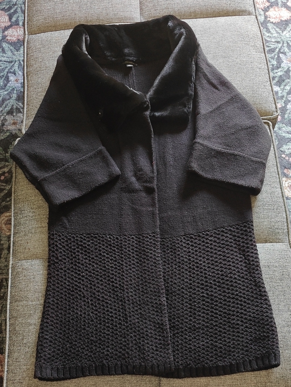 Ann Taylor Black Knit Sweater Coat with Faux-Fur Collar